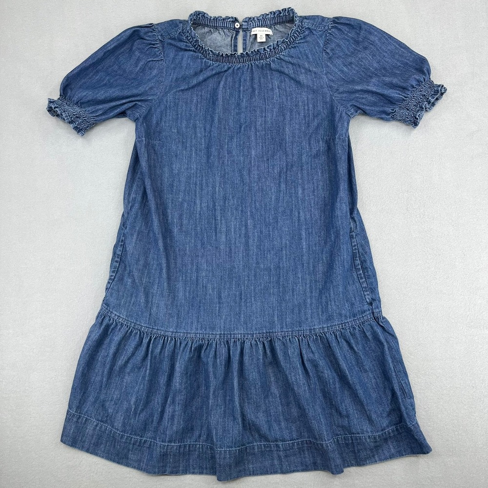 Free Assembly Womens Denim Ruffle Neck Puff Sleeve Tiered Mini Dress Blue XS